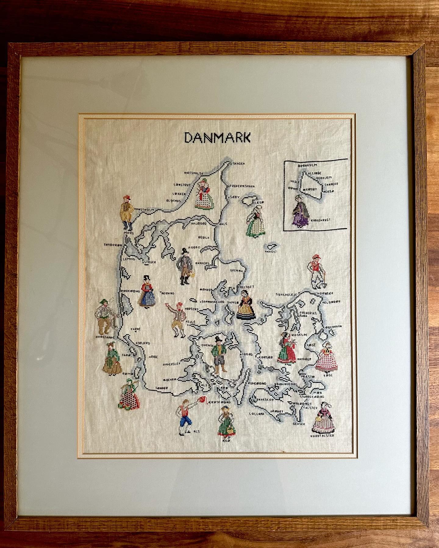 Vintage framed hand needlepointed map of Denmark