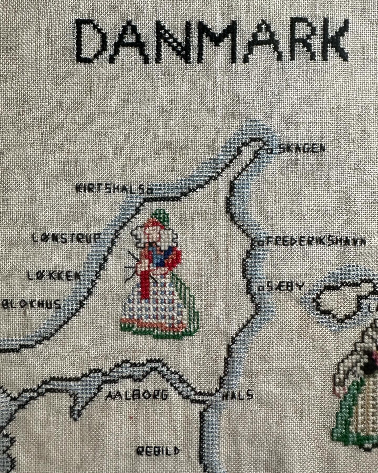 Vintage framed hand needlepointed map of Denmark