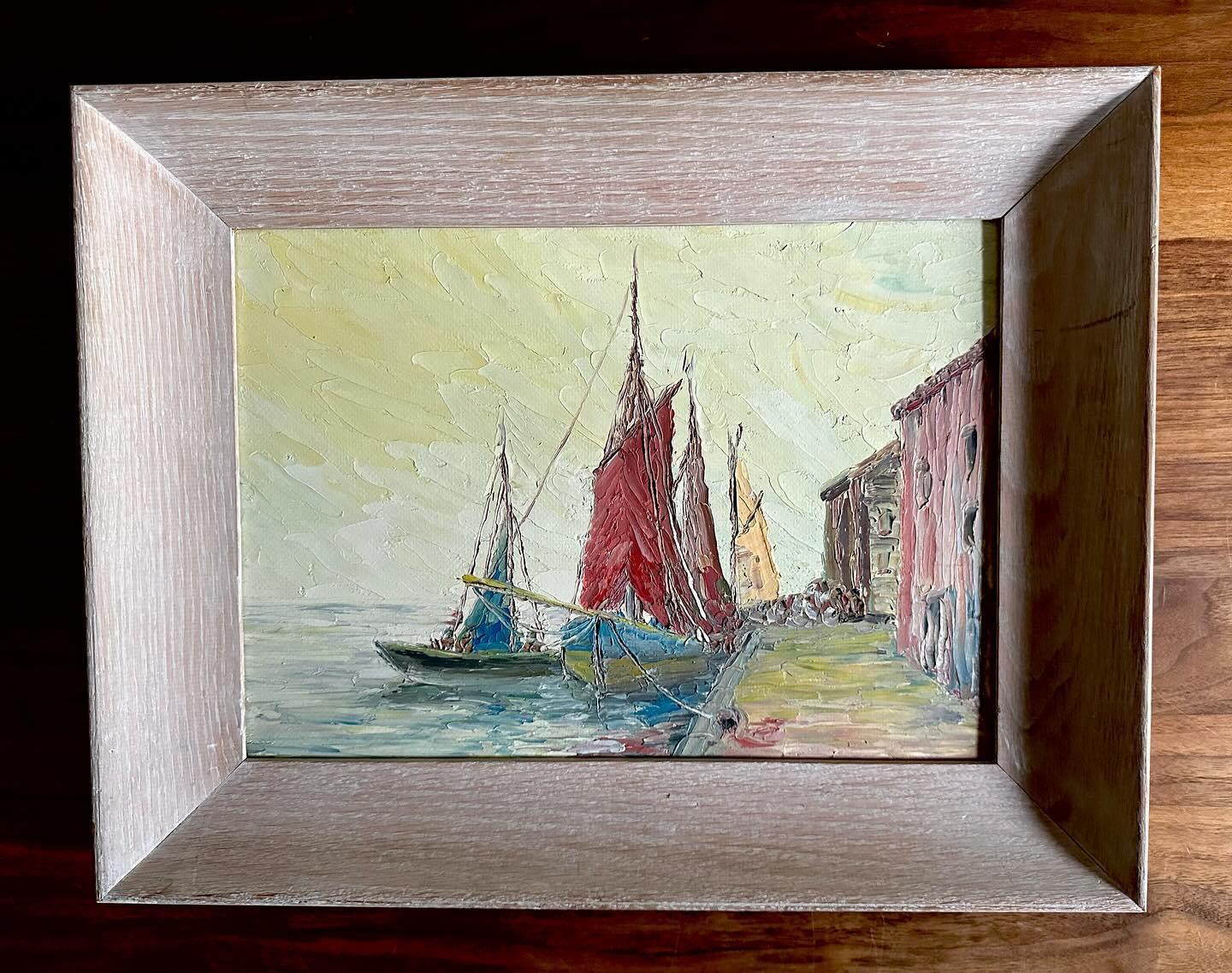 Vintage oil on board, sailboats and harbour