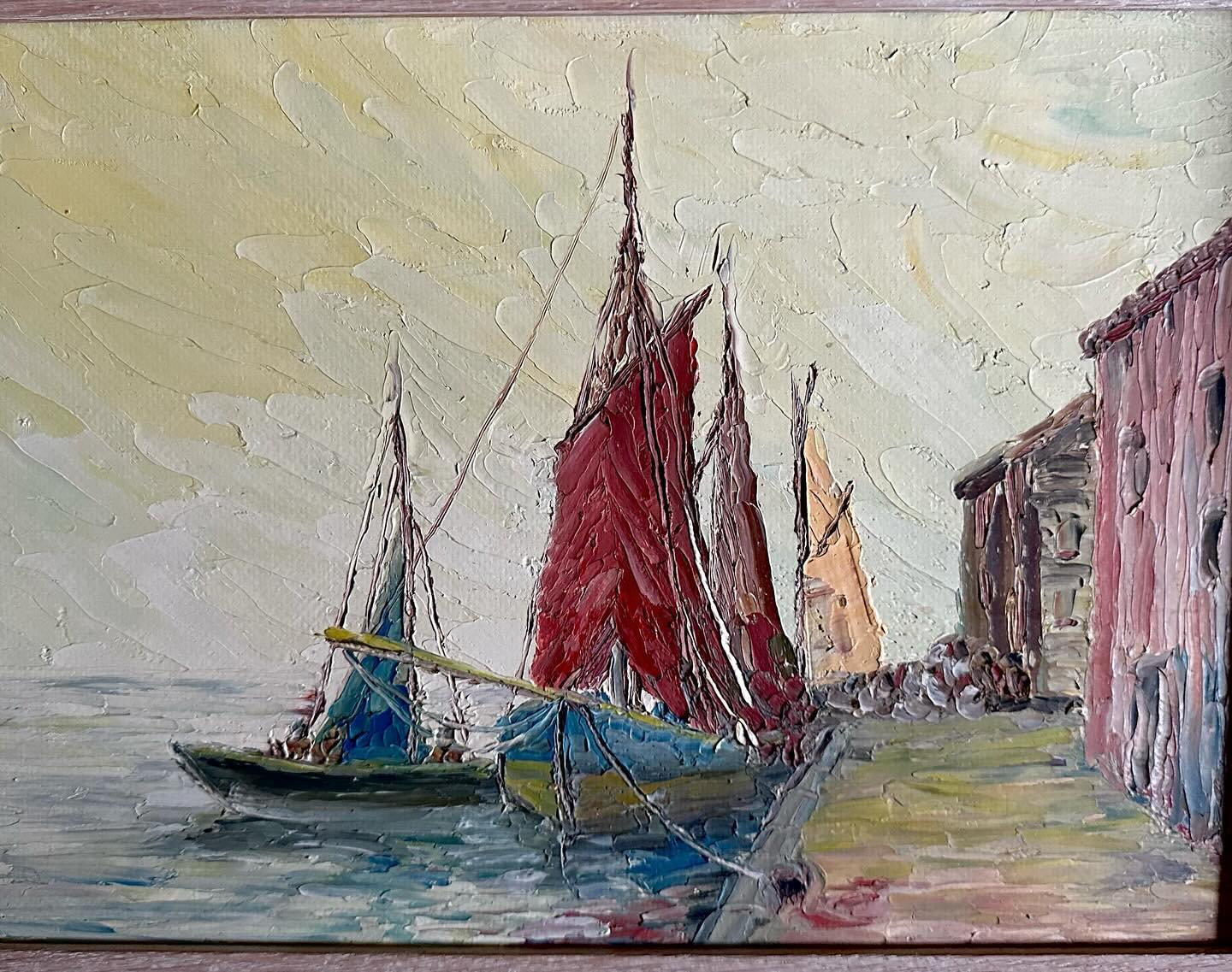 Vintage oil on board, sailboats and harbour