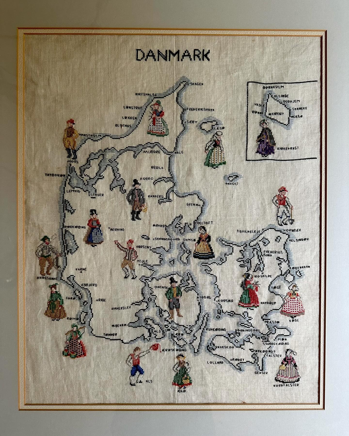 Vintage framed hand needlepointed map of Denmark