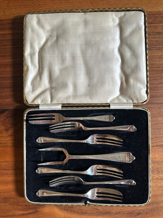 Antique Sterling desert set, in leather presentation box