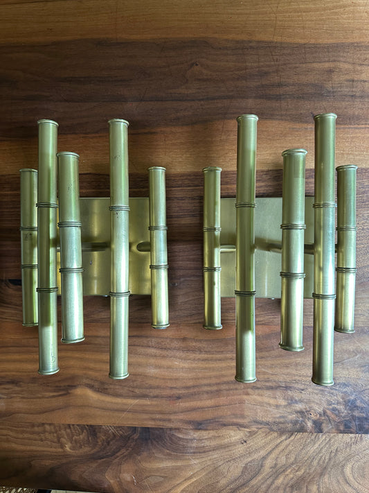 Johnathan Adler pair of brass bamboo sconces, hardwire, preowned