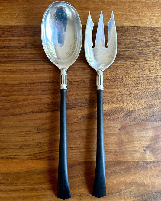 Antique Gorham silver plate salad servers, faux bone black handles