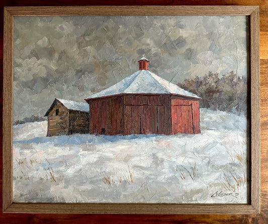 Vintage Oil Painting, winter barn scene by Larry Veeder, 1973